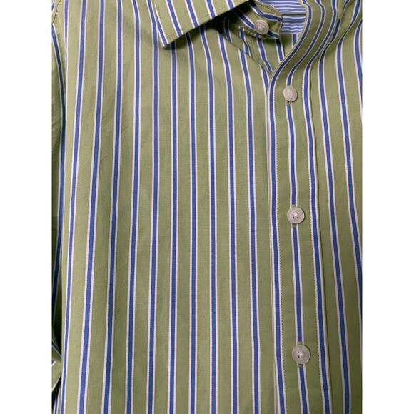 BLACK BROWN 1826 FLIP CUFF COTTON SHIRT AVOCADO GREEN BLUE STRIPE SIZE L - Picture 2 of 10